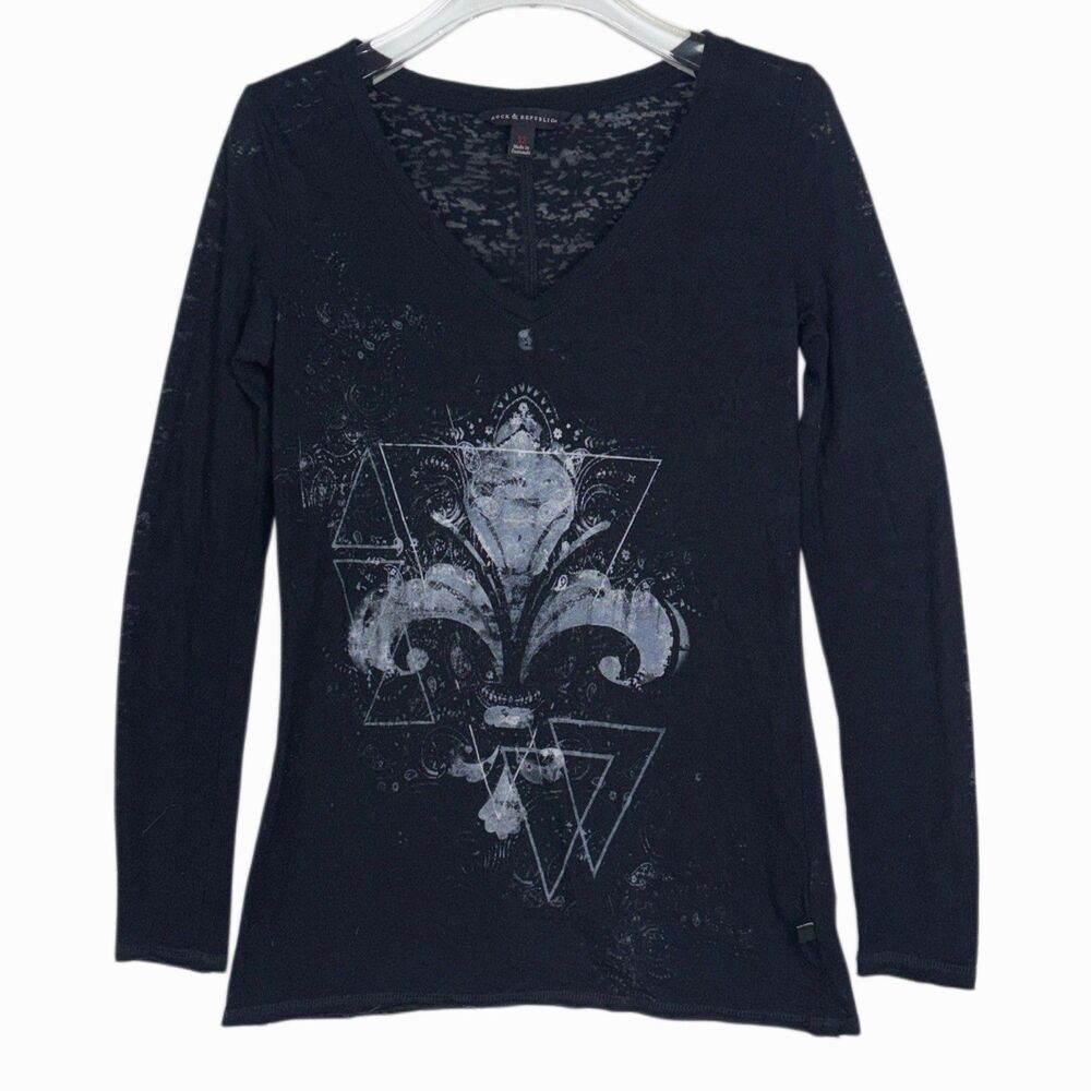 Rock & Republic Top Women's XSmall Y2K Black Gothic Fleur De Lis Semi-sheer